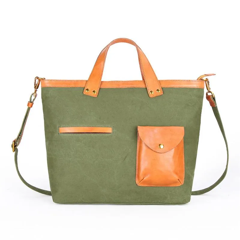 Canvas Leather Mens 14" Caramel Briefcase Bag Tote Shoulder Bag Green Tote Bag for Men