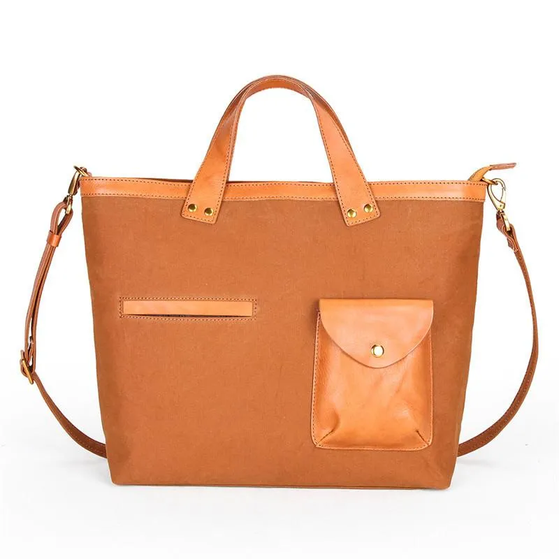 Canvas Leather Mens 14" Caramel Briefcase Bag Tote Shoulder Bag Green Tote Bag for Men