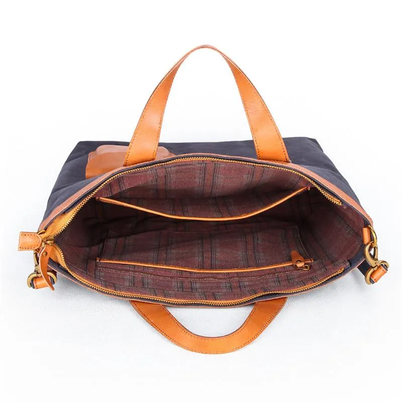 Canvas Leather Mens 14" Caramel Briefcase Bag Tote Shoulder Bag Green Tote Bag for Men