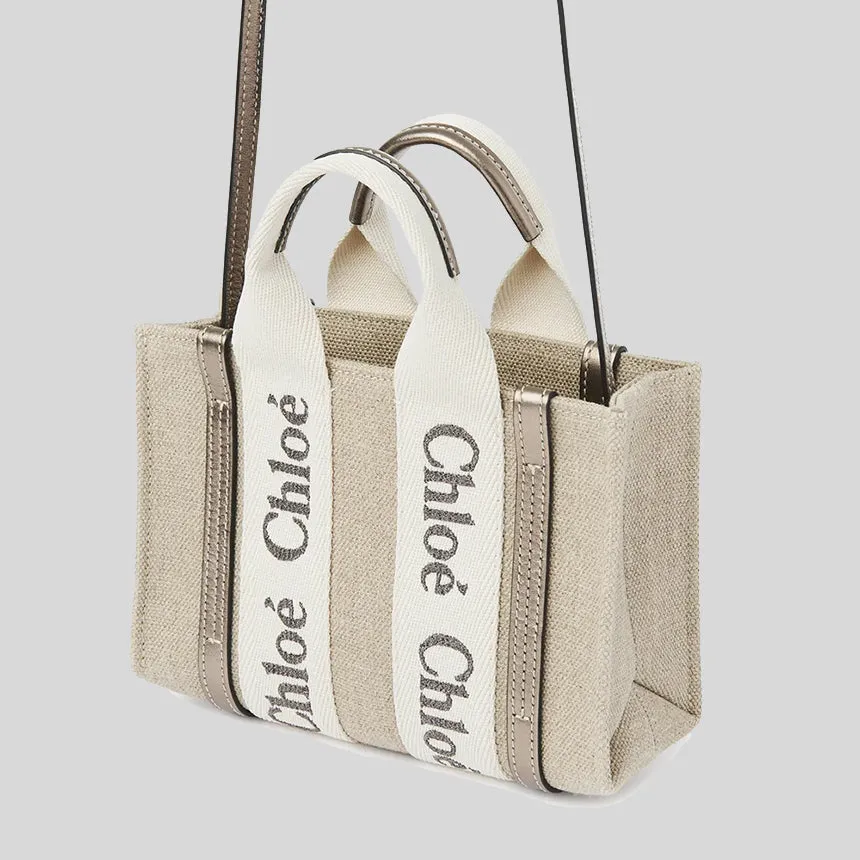 CHLOE Mini Woody Tote Bag In Linen And Leather Shiny Gray CHC25SP237O81074