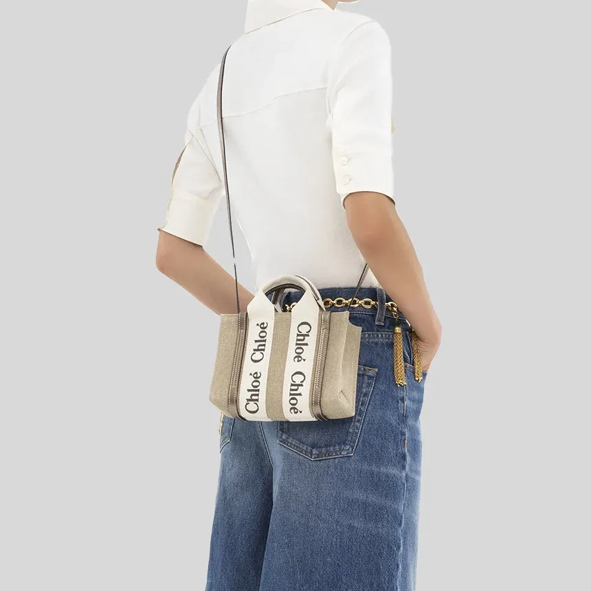 CHLOE Mini Woody Tote Bag In Linen And Leather Shiny Gray CHC25SP237O81074