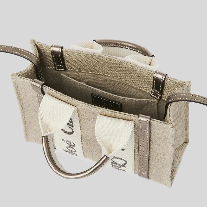 CHLOE Mini Woody Tote Bag In Linen And Leather Shiny Gray CHC25SP237O81074