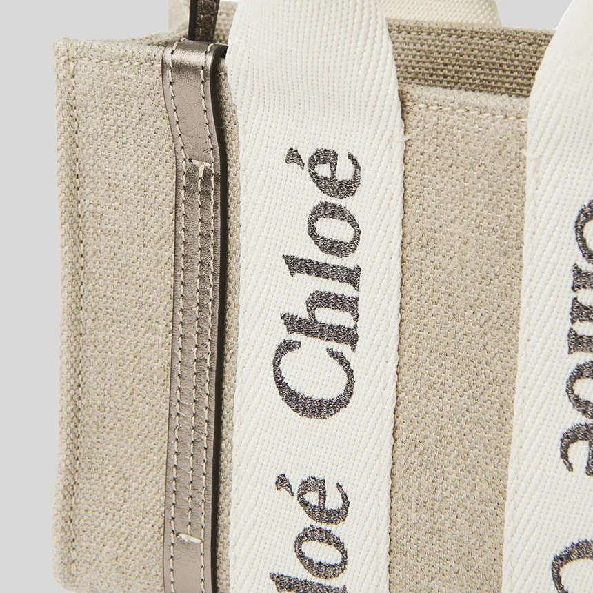 CHLOE Mini Woody Tote Bag In Linen And Leather Shiny Gray CHC25SP237O81074