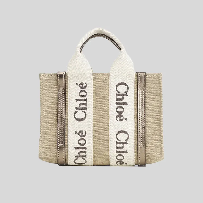 CHLOE Mini Woody Tote Bag In Linen And Leather Shiny Gray CHC25SP237O81074