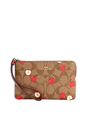 Coach Corner Zip Wristlet In Signature Canvas With Apple Print