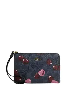 Coach Corner Zip Wristlet In Signature Canvas With Cherry Print