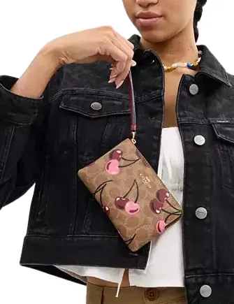 Coach Corner Zip Wristlet In Signature Canvas With Cherry Print