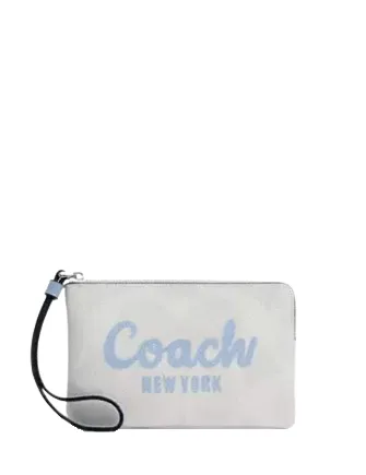 Coach Corner Zip Wristlet In Signature Canvas With Coach Script