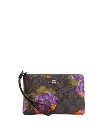 Coach Corner Zip Wristlet In Signature Canvas With Rose Print