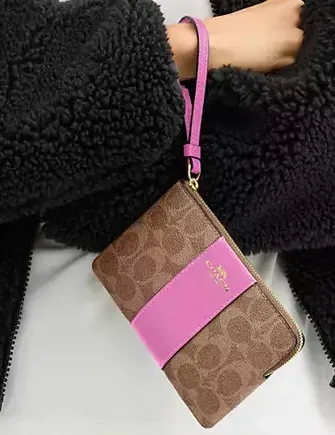 Coach Corner Zip Wristlet In Signature Canvas With Stripe