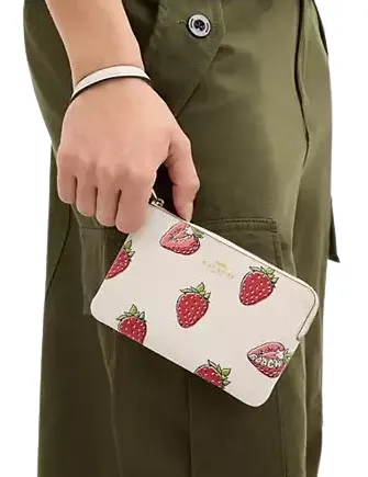 Coach Corner Zip Wristlet With Strawberry Print