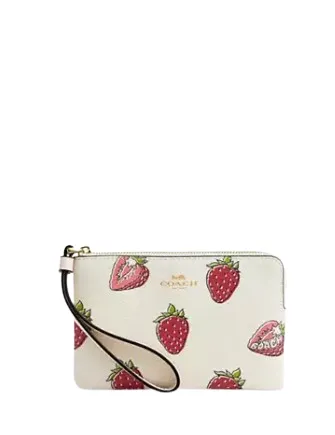Coach Corner Zip Wristlet With Strawberry Print