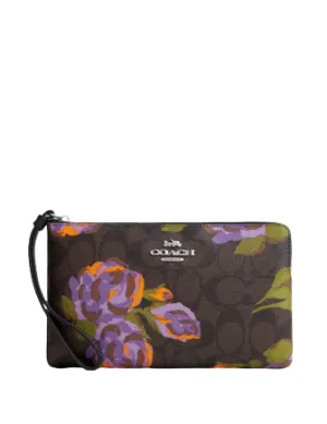 Coach Large Corner Zip Wristlet In Signature Canvas With Rose Print