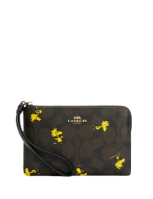 Coach X Peanuts Corner Zip Wristlet In Signature Canvas With Woodstock Print