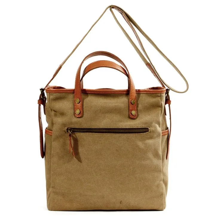 Cool Canvas Leather Mens Small Brown Messenger Bag Vertical Side Bag Shoulder Bag Tote Handbag For Men