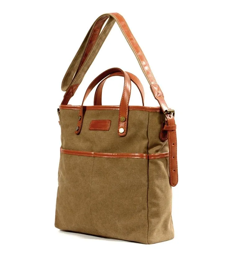 Cool Canvas Leather Mens Small Brown Messenger Bag Vertical Side Bag Shoulder Bag Tote Handbag For Men