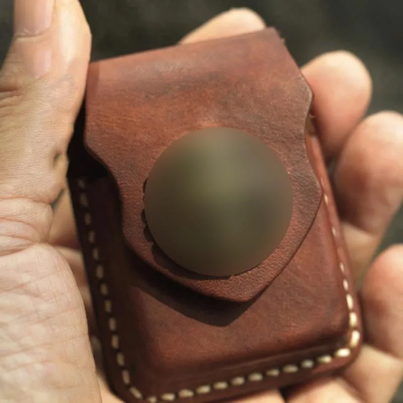 Cool Handmade Brown Leather Mens Zippo Lighter Case Heavy Armor Lighter Holder for Men