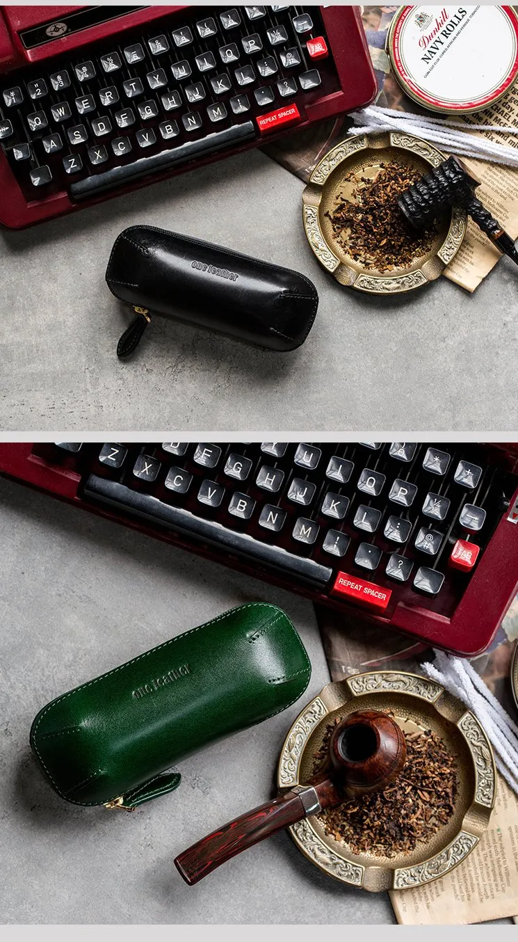 Cool Leather Mens Leather Cigarette Tobacco Pipe Case Zipper Tobacco Pipe Case for Men
