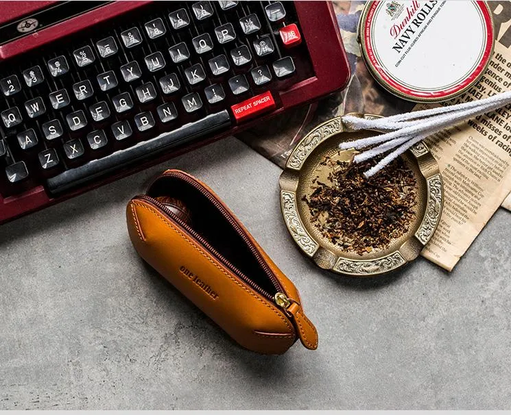 Cool Leather Mens Leather Cigarette Tobacco Pipe Case Zipper Tobacco Pipe Case for Men