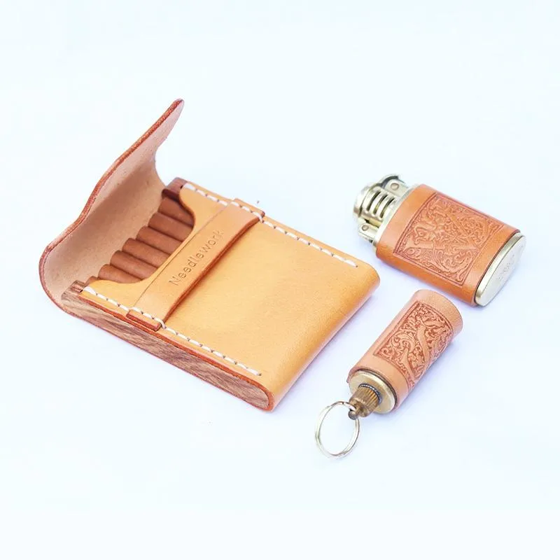 Cool Wooden Beige Leather Mens 7pcs Cigarette Case Custom Cigarette Holder for Men