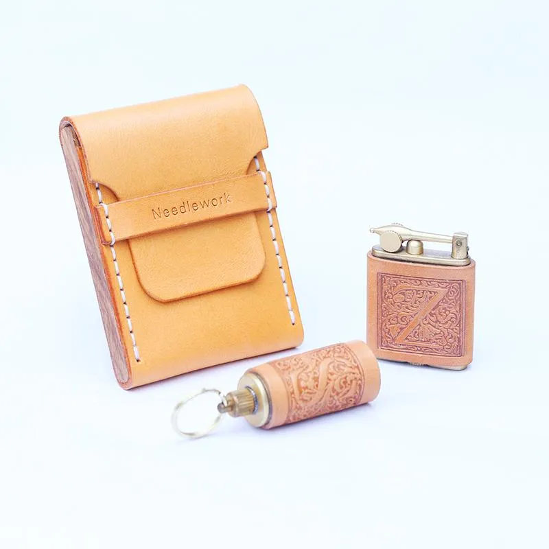 Cool Wooden Beige Leather Mens 7pcs Cigarette Case Custom Cigarette Holder for Men