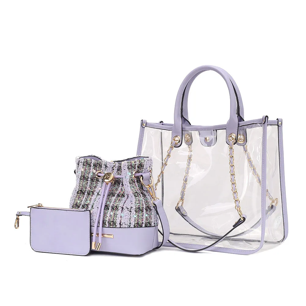 Diva PVC Tote Bag with Tweed Bucket Bag and Small Pouch Purse by Mia K