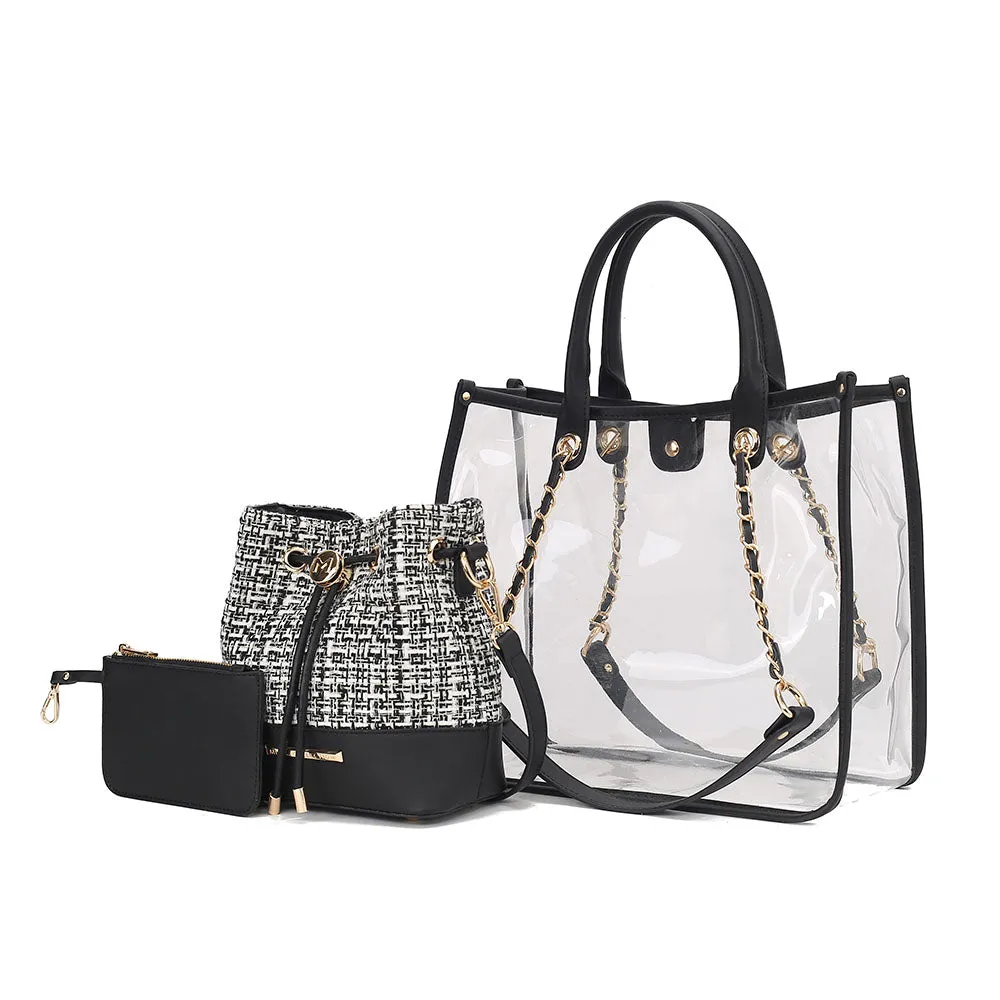 Diva PVC Tote Bag with Tweed Bucket Bag and Small Pouch Purse by Mia K