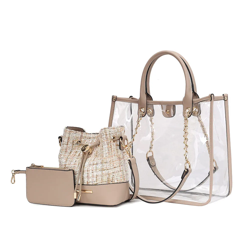 Diva PVC Tote Bag with Tweed Bucket Bag and Small Pouch Purse by Mia K
