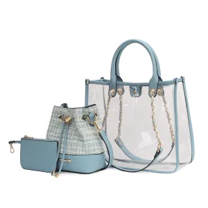 Diva PVC Tote Bag with Tweed Bucket Bag and Small Pouch Purse by Mia K