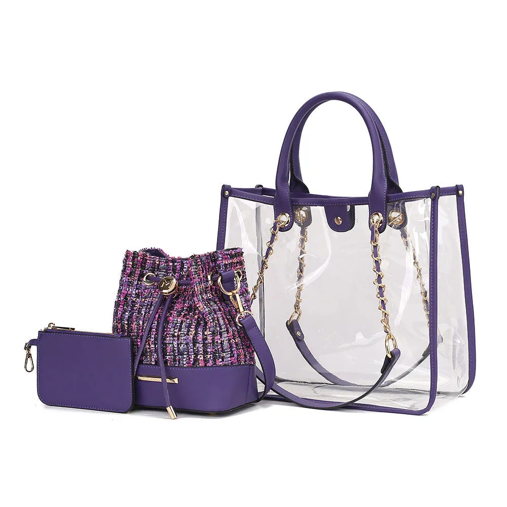 Diva PVC Tote Bag with Tweed Bucket Bag and Small Pouch Purse by Mia K