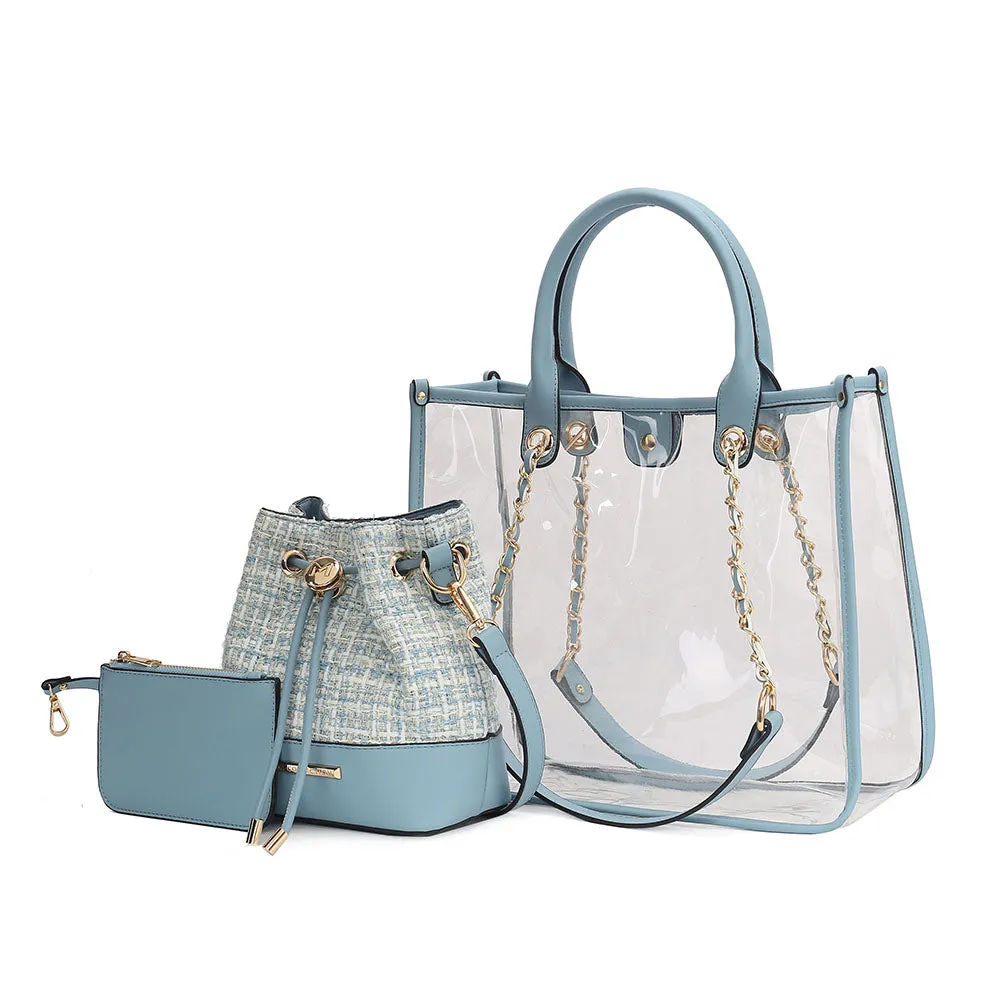 Diva PVC Tote Bag with Tweed Bucket Bag and Small Pouch Purse by Mia K