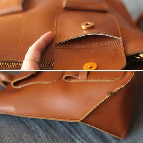 Fashion Brown Womens Leather Tote Handbag Side Bag Brown Zipper Top Tote Shoulder Bag for Work
