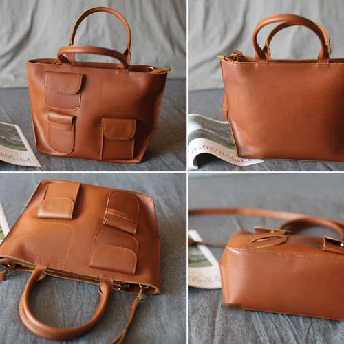 Fashion Brown Womens Leather Tote Handbag Side Bag Brown Zipper Top Tote Shoulder Bag for Work