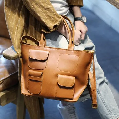 Fashion Brown Womens Leather Tote Handbag Side Bag Brown Zipper Top Tote Shoulder Bag for Work