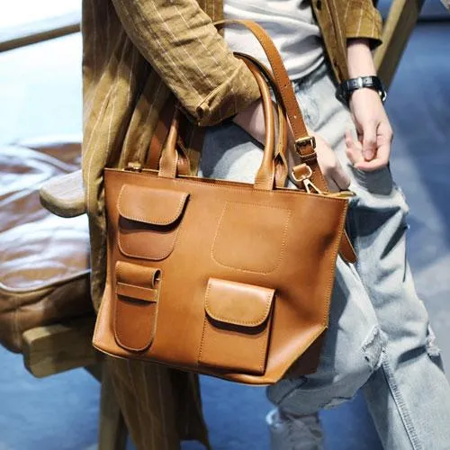 Fashion Brown Womens Leather Tote Handbag Side Bag Brown Zipper Top Tote Shoulder Bag for Work