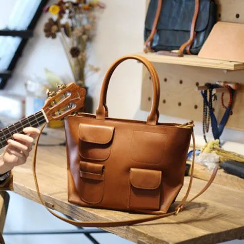 Fashion Brown Womens Leather Tote Handbag Side Bag Brown Zipper Top Tote Shoulder Bag for Work