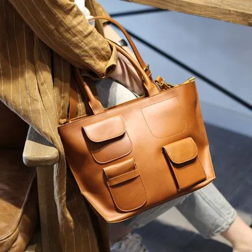 Fashion Brown Womens Leather Tote Handbag Side Bag Brown Zipper Top Tote Shoulder Bag for Work