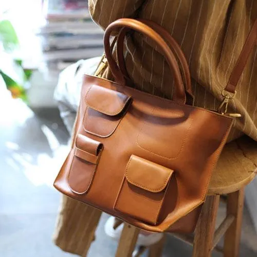 Fashion Brown Womens Leather Tote Handbag Side Bag Brown Zipper Top Tote Shoulder Bag for Work