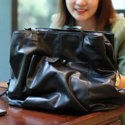 Fashion Womens Black Leather Large Horizontal Tote Bag Womens Black Shoulder Tote Bag