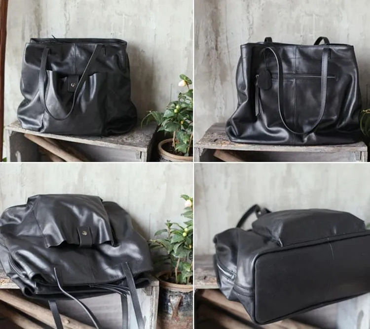 Fashion Womens Black Leather Large Horizontal Tote Bag Womens Black Shoulder Tote Bag