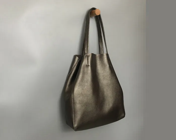 Fashion Womens Bronze Silver Leather Oversize Tote Bag Gold Shoulder Tote Bags Handbag Tote For Women