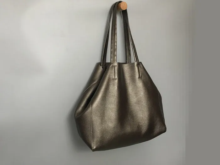 Fashion Womens Bronze Silver Leather Oversize Tote Bag Gold Shoulder Tote Bags Handbag Tote For Women