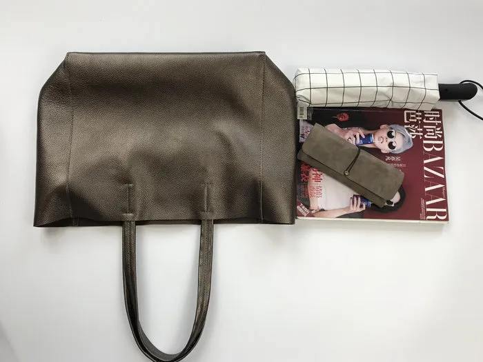 Fashion Womens Bronze Silver Leather Oversize Tote Bag Gold Shoulder Tote Bags Handbag Tote For Women