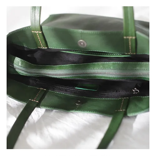 Fashion Womens Large Green Leather Tote Bags For Work Brown Leather Shopper Tote Bag