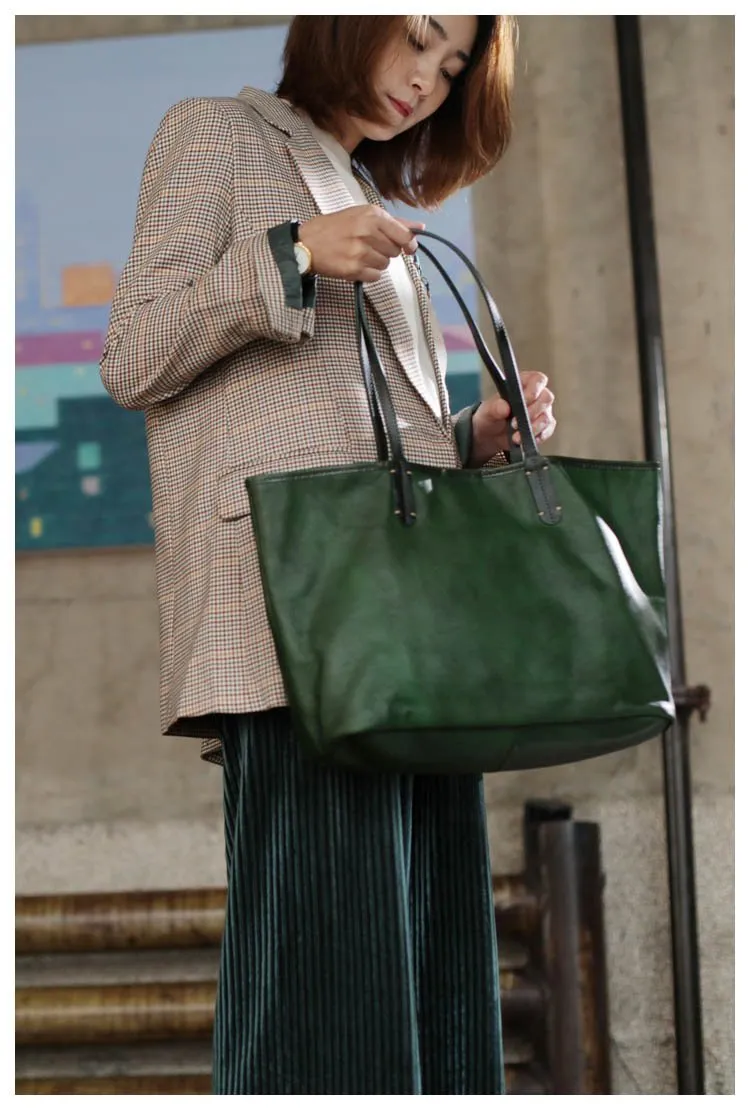 Fashion Womens Red Brown Soft Leather Zipper Tote Handbag Green Shopper Tote Bag Purse