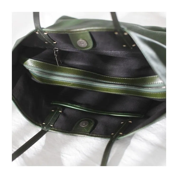Fashion Womens Red Brown Soft Leather Zipper Tote Handbag Green Shopper Tote Bag Purse