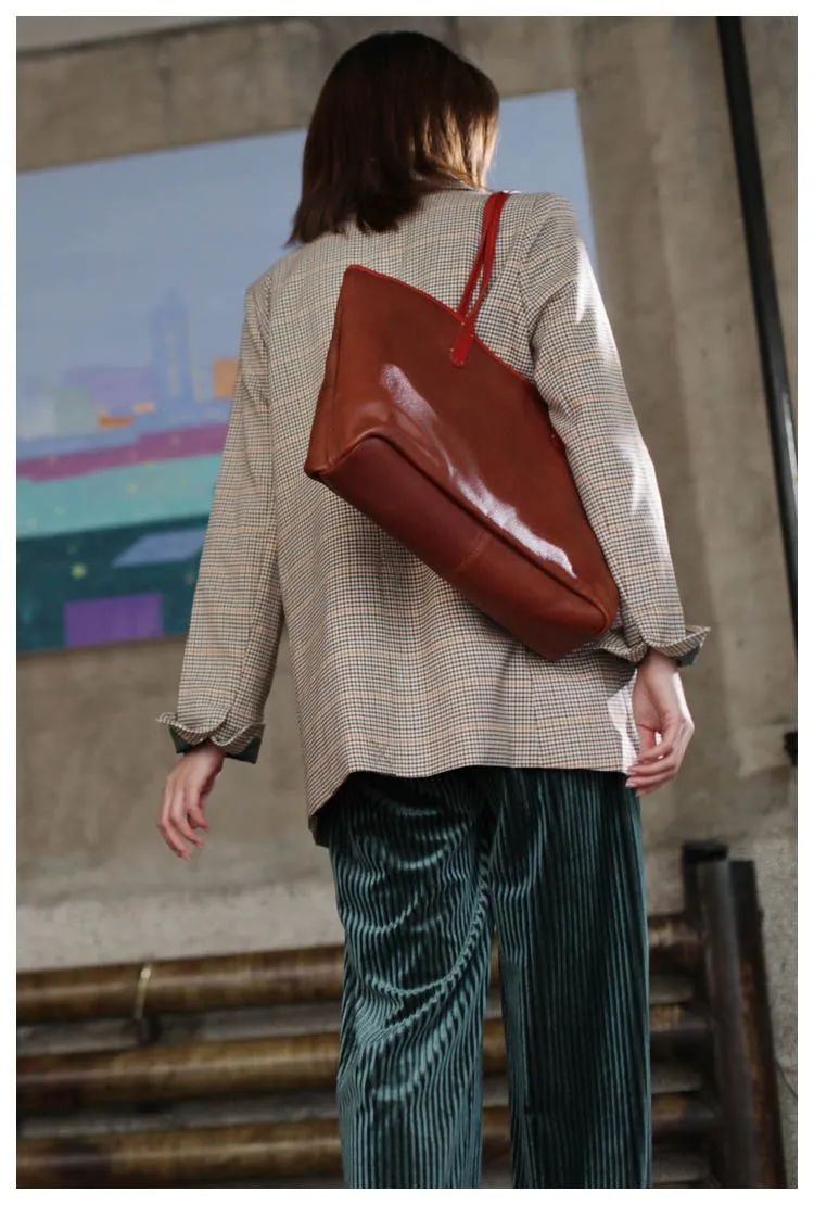 Fashion Womens Red Brown Soft Leather Zipper Tote Handbag Green Shopper Tote Bag Purse
