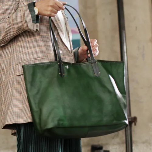 Fashion Womens Red Brown Soft Leather Zipper Tote Handbag Green Shopper Tote Bag Purse