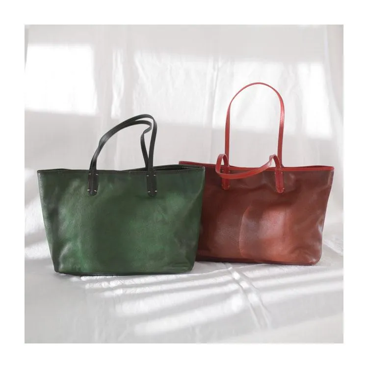 Fashion Womens Red Brown Soft Leather Zipper Tote Handbag Green Shopper Tote Bag Purse