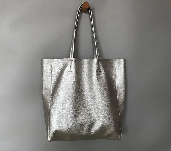 Fashion Womens Silver Leather Oversize Tote Bag Silver Shoulder Tote Bag Silver Handbag Tote For Women
